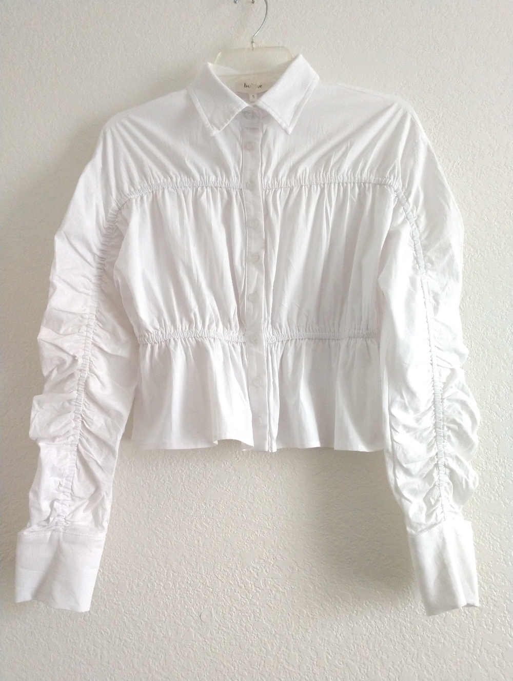 Bohme White CROP Top Shirt Ruched Elastic Details Size Small Chest 32"